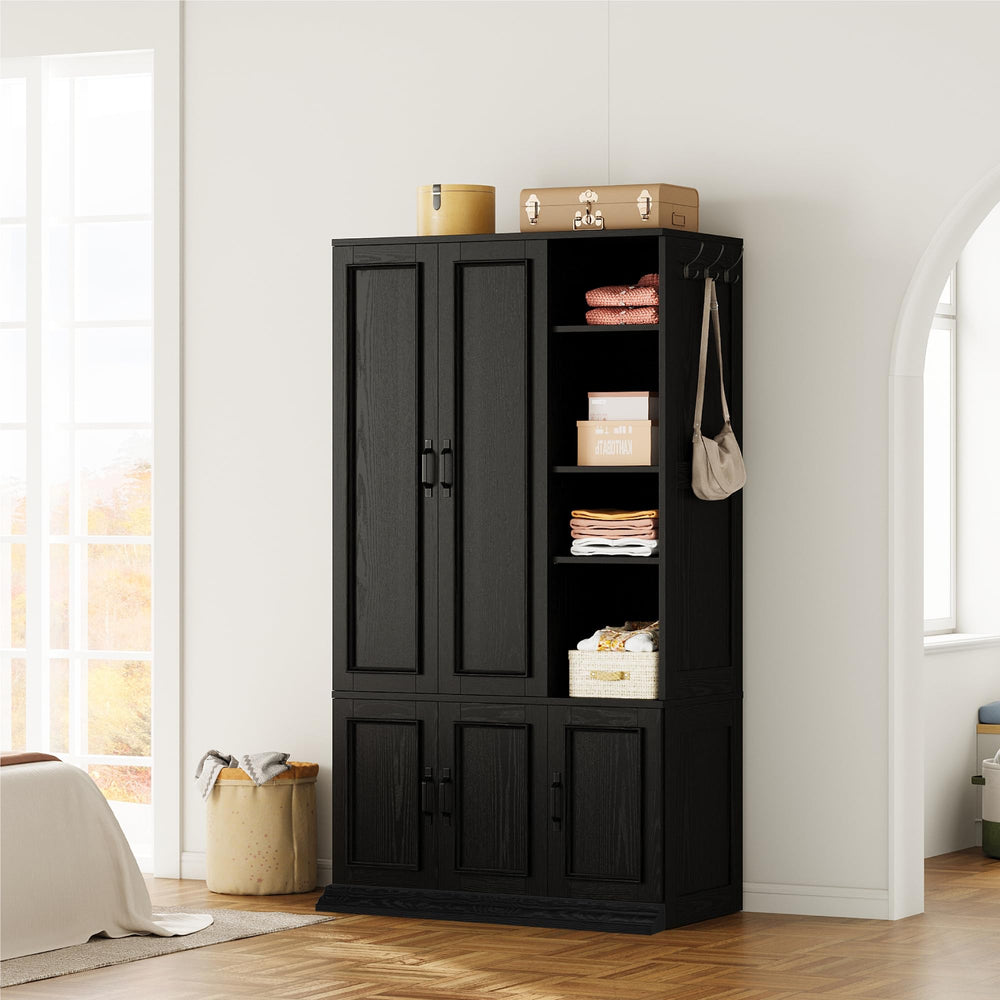 70" 5-Door Wooden Wardrobe with Shelves & Hanging Rod