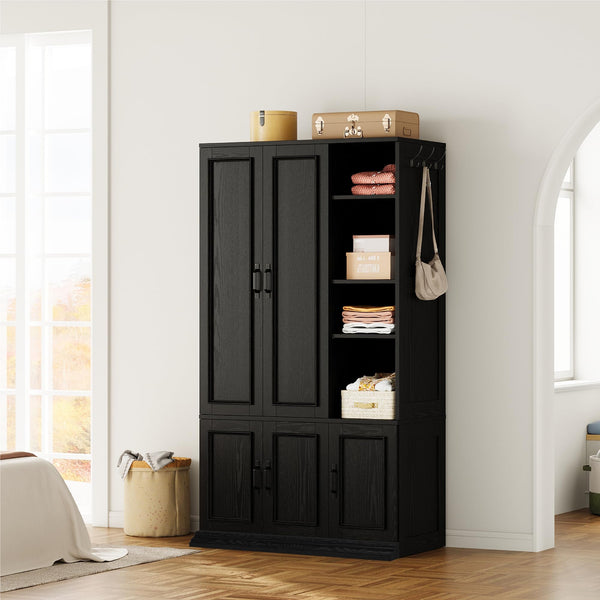 70" 5-Door Wooden Wardrobe with Shelves & Hanging Rod