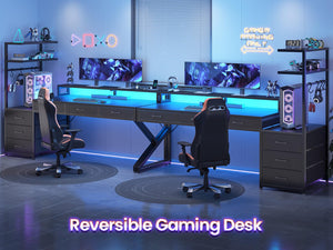L-Shaped Gaming Desk with 6 Drawers, LED Lights & Power Outlet