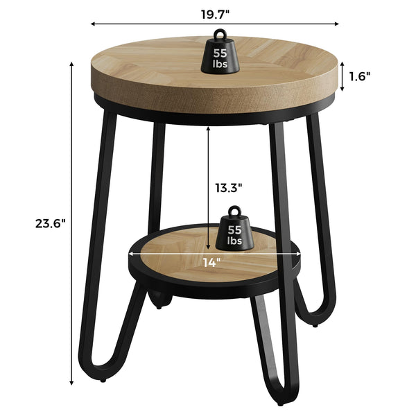 2-Tier Round Side Table with Storage Shelf, 19.7" Wood Tabletop & Curved Metal Legs, Light Brown
