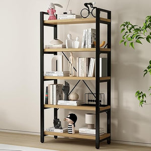 Industrial Wood & Metal Bookshelf – Multi-Tier Etagere Bookcase