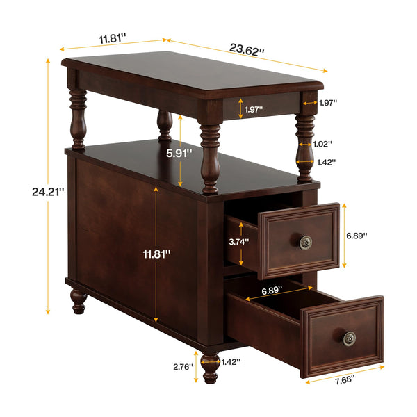 Wood End Table with 2 Drawers and Storage Shelf