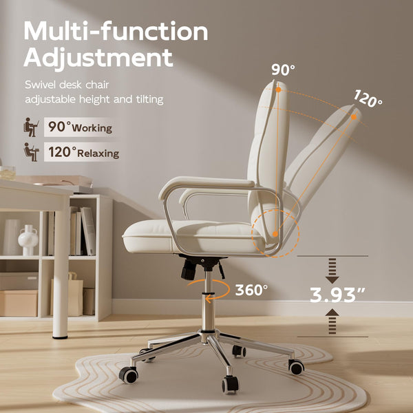 Mid-Back PU Leather Office Chair with Swivel & Padded Arms