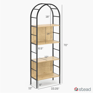 4-Tier Arched Bookshelf with Rattan Backing