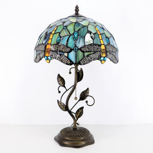 Tiffany Stained Glass Table Lamp with Metal Leaf Base