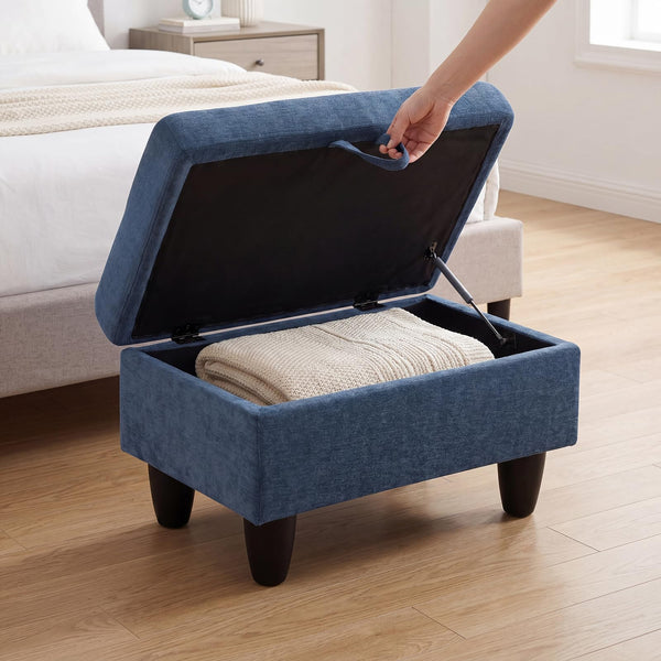 Storage Ottoman Bench – Dark Blue Linen, Solid Wood Frame