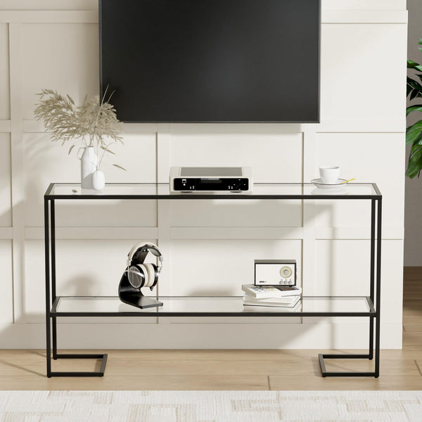 52" 2-Tier Console Table with Tempered Glass Shelves & Metal Frame