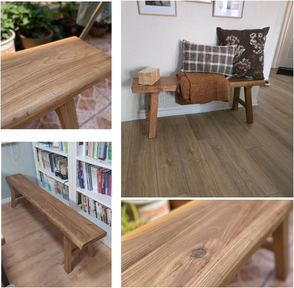 Solid Elm Wood Entryway Bench – Rustic Farmhouse Shoe Bench