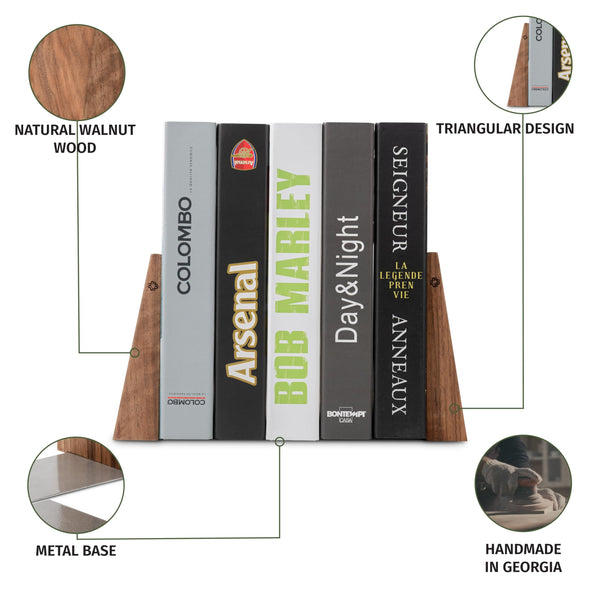 Handmade Wooden Bookends with Metal Base