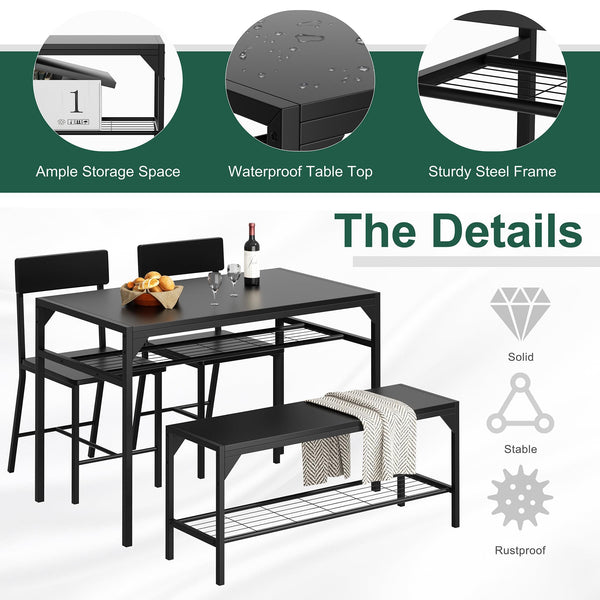 4-Piece Dining Table Set with Bench, 2 Chairs & Storage Rack