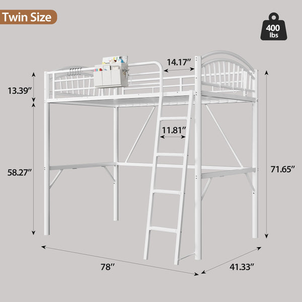 Twin Metal Loft Bed with Convertible Ladder & Guard Rails