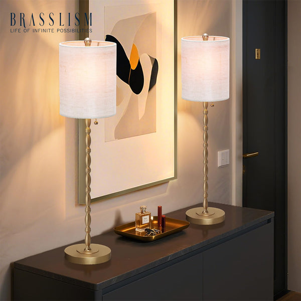 Brass Buffet Table Lamps Set of 2 with Linen Shade – 28.5" Tall
