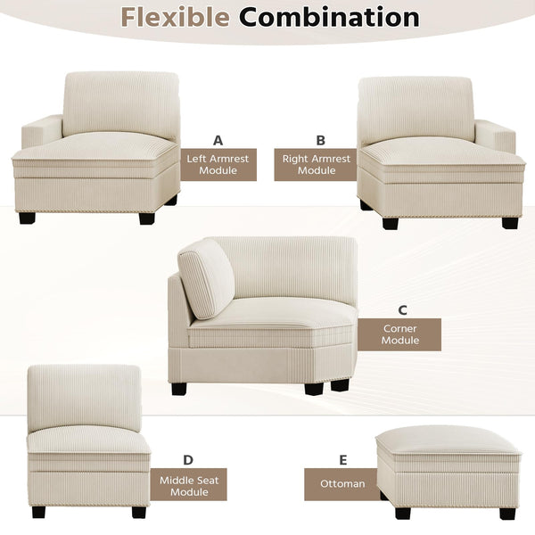 Oversized Modular Sectional Sofa – 4-Seat Corduroy Couch with Nailhead Trim & Storage Ottoman