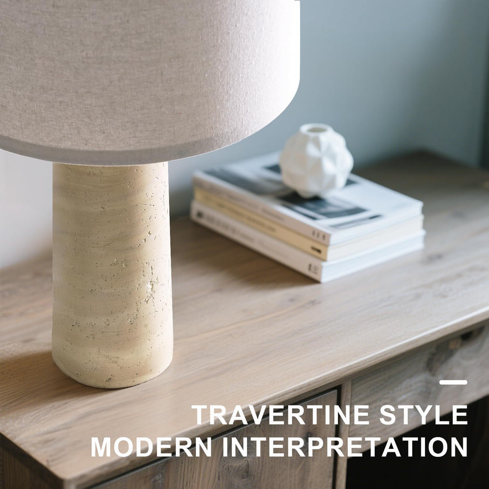 Travertine-Look Resin Table Lamp Set of 2 with Linen Shade
