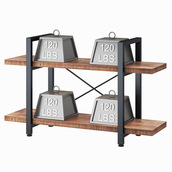 2-Tier Solid Wood Bookshelf with Metal Frame