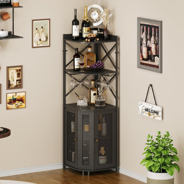 5-Tier Corner Bar Cabinet with LED Lights and Glass Holder