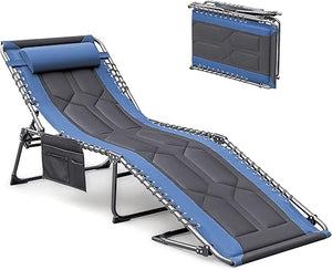 4-Fold Folding Outdoor Chaise Lounge Chair with Pillow & Side Pocket