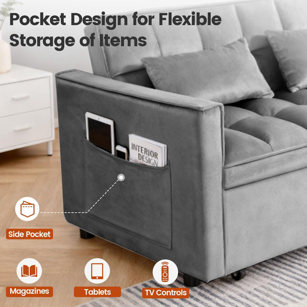Convertible Sofa Bed with Adjustable Backrest & Side Pockets