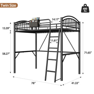 Twin Metal Loft Bed with Guardrails & Ladder