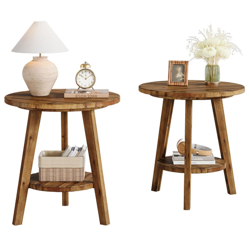 Round Wood End Table with Storage Shelf