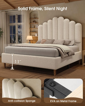 White Boucle Upholstered Bed Frame with 57" Headboard