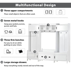 White Entryway Hall Tree with Bench & Shoe Storage
