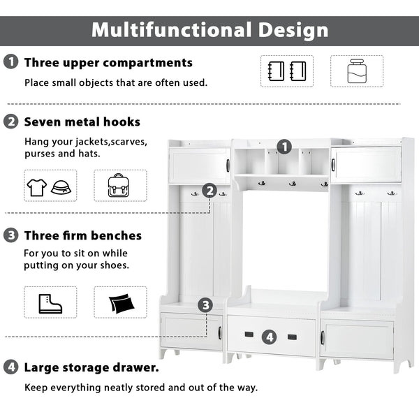 White Entryway Hall Tree with Bench & Shoe Storage