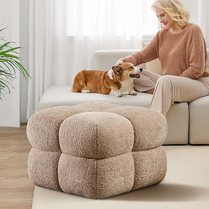 Square Tufted Ottoman Foot Rest – Teddy Fabric, Upholstered Pouf Stool
