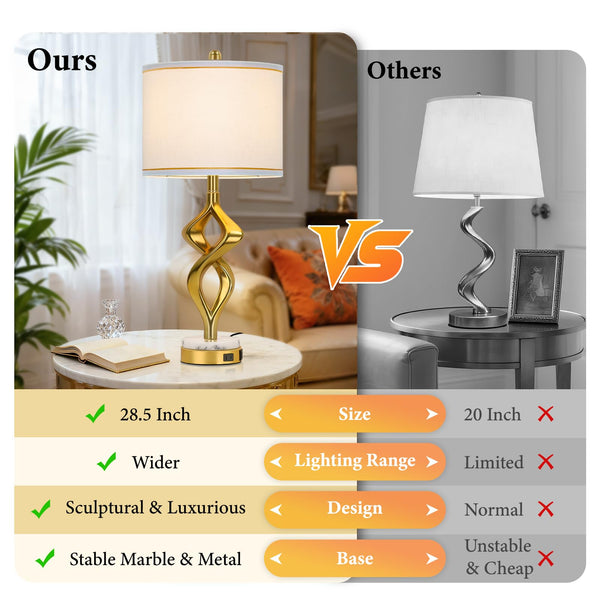 Sculptural Gold Table Lamps Set of 2 with USB Charging & Marble Base