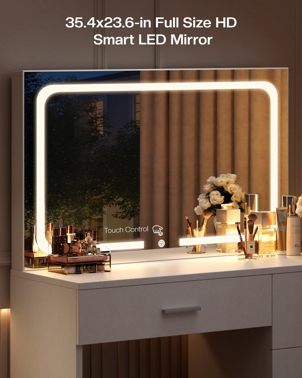 LED Makeup Vanity Desk with Charging Station & Mirror