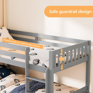 Low Twin Over Twin Bunk Bed with Guardrails & Ladder