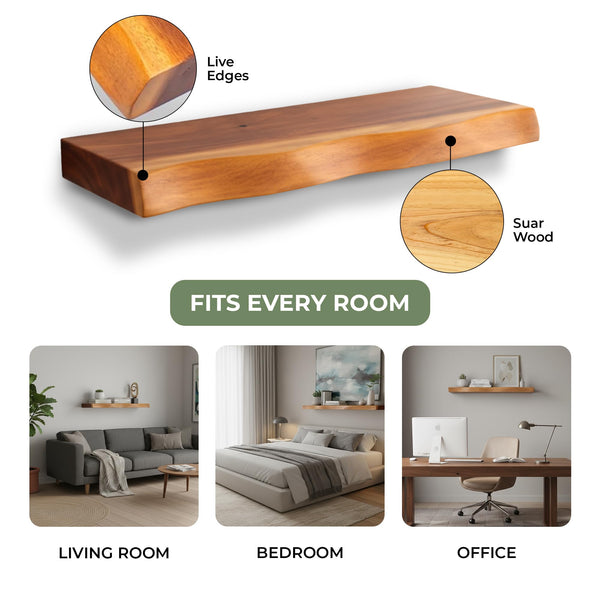 Live Edge Solid Wood Floating Shelves Set of 2
