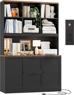 72-Inch Tall Bookcase with Power Outlet, File Drawers & Cabinet Doors