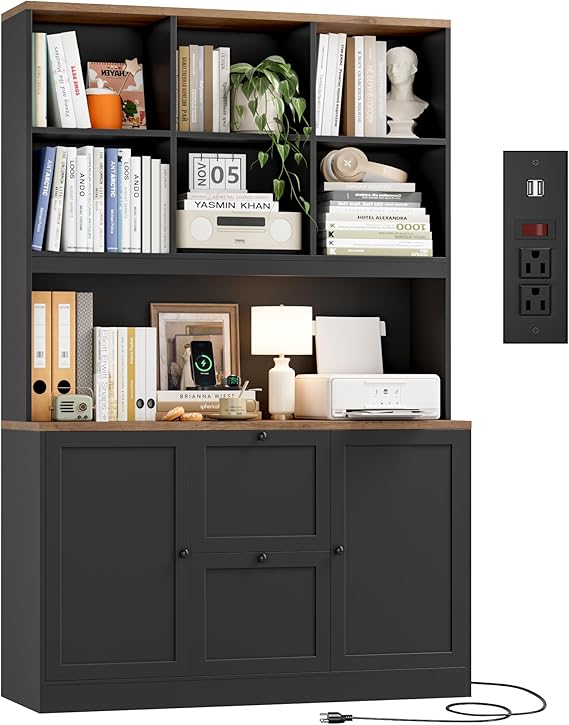 72-Inch Tall Bookcase with Power Outlet, File Drawers & Cabinet Doors