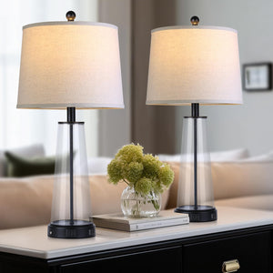 Glass Table Lamp Set of 2 with USB-C, USB-A & AC Outlet, 3-Way Touch Dimmable Bedside Lamp