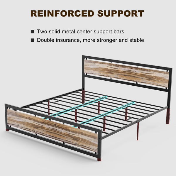 California King Metal Platform Bed Frame with Wooden Headboard – Industrial Style