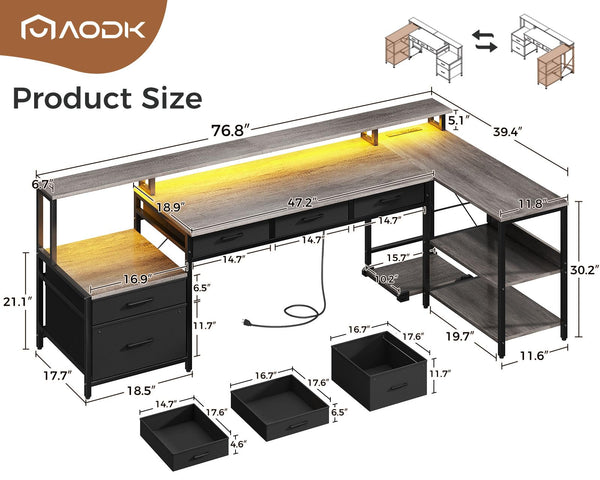 L-Shaped Desk with File Drawers, LED Lighting & Power Outlet