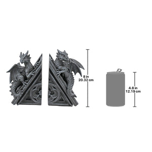 Gothic Dragon Bookend Statues – Set of 2, Gray Stone Resin, 8 Inch