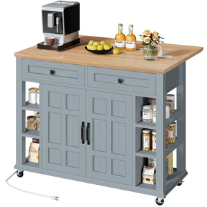 Rolling Kitchen Island with Drop Leaf & Power Outlet