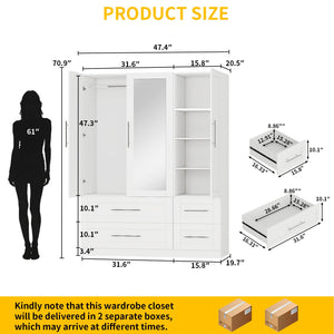 Wardrobe Closet with 4 Drawers, Mirror Doors & Hanging Rod, 71" Tall