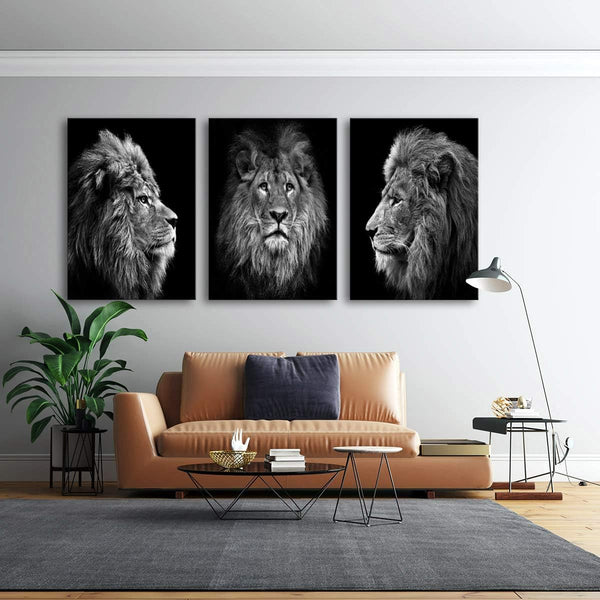 Black & White Lion Canvas Wall Art – 3 Piece Framed Set