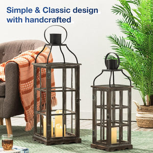 Farmhouse Wooden Candle Lanterns Set of 2 – Indoor & Outdoor Decorative Floor Lanterns