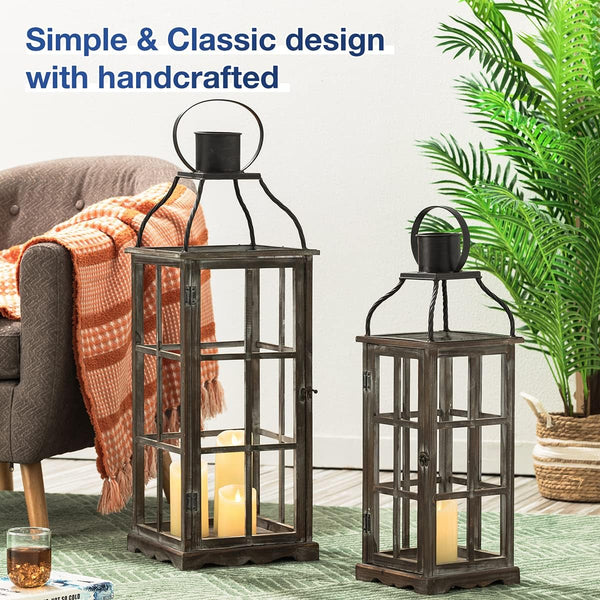 Farmhouse Wooden Candle Lanterns Set of 2 – Indoor & Outdoor Decorative Floor Lanterns
