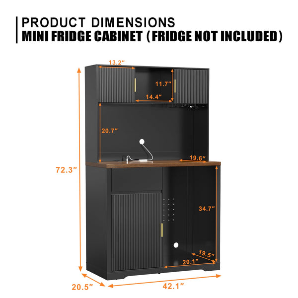 72" Tall Bar Cabinet with Fridge Space, Fluted Hutch, LED Light & Power Outlet