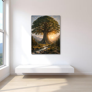 Framed Tree Landscape Mountain Sunrise Canvas Wall Art