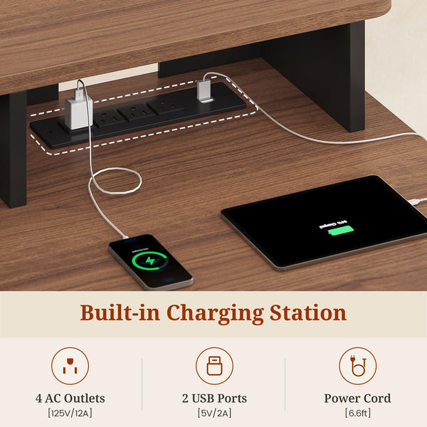Electric Standing Desk with Storage, Monitor Stand, Power Outlets & LED Lights