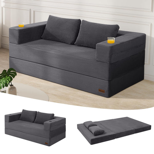 Convertible Futon Sofa Bed with Corduroy Cover & Pillow