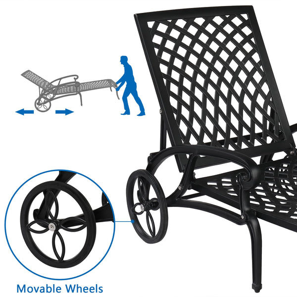 Aluminum Outdoor Chaise Lounge Chair with Wheels & Adjustable Backrest
