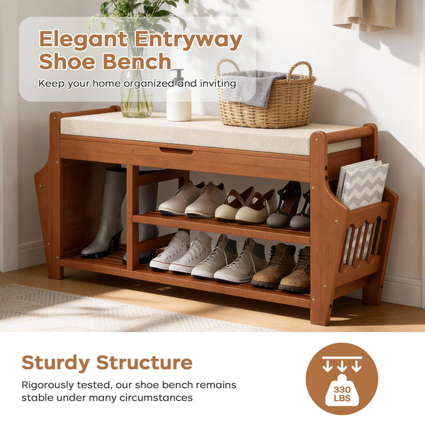 3-Tier Bamboo Shoe Bench with Cushion & Side Storage