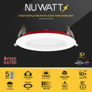 4 Inch 2-Hour Fire Rated Baffle LED Recessed Light – 12 Pack